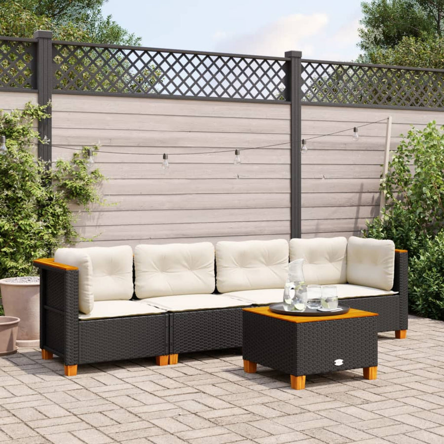 5 Piece Garden Sofa Set with Cushions Black Poly Rattan