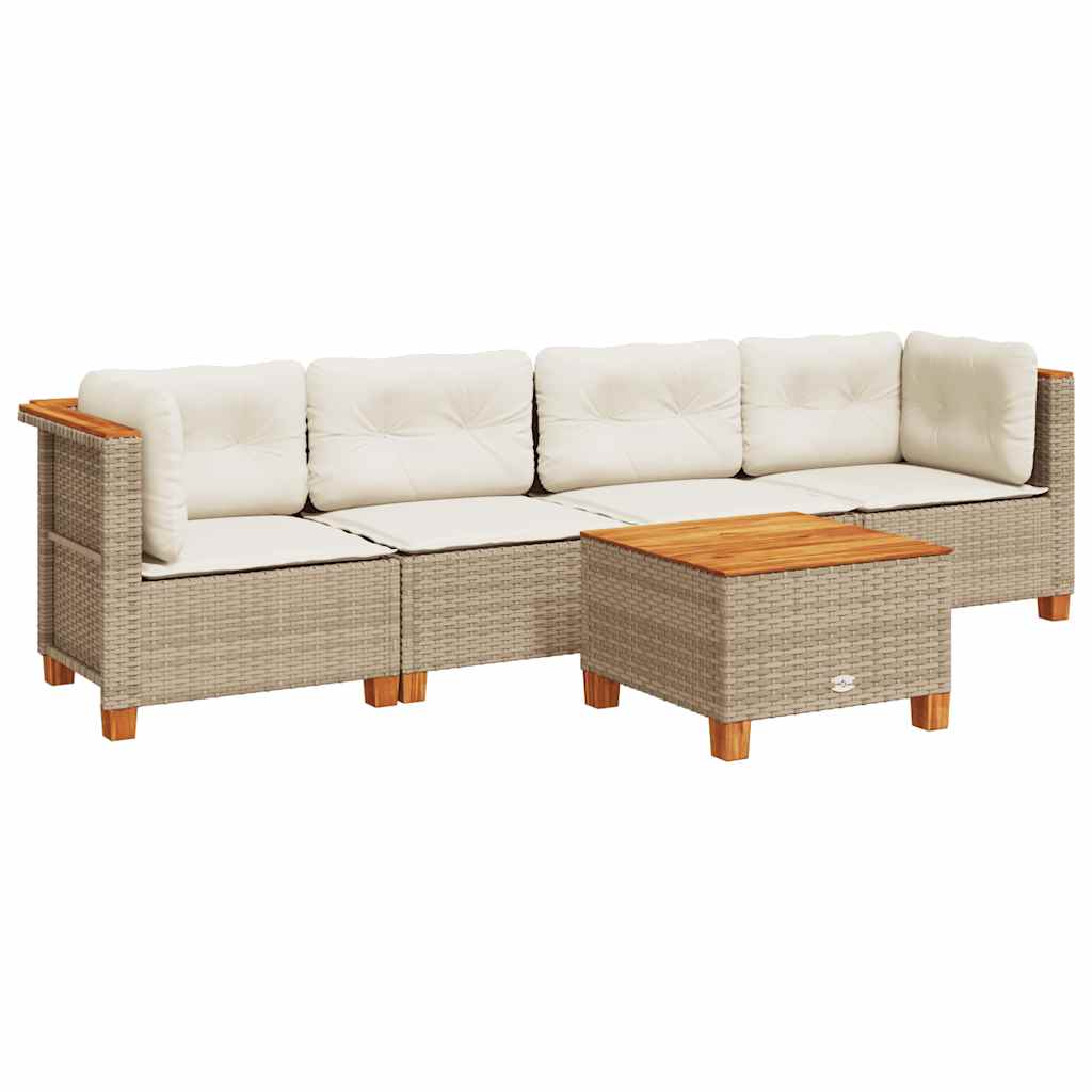 5 Piece Garden Sofa Set with Cushions Beige Poly Rattan