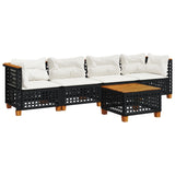 5 Piece Garden Sofa Set with Cushions Black Poly Rattan - Front View