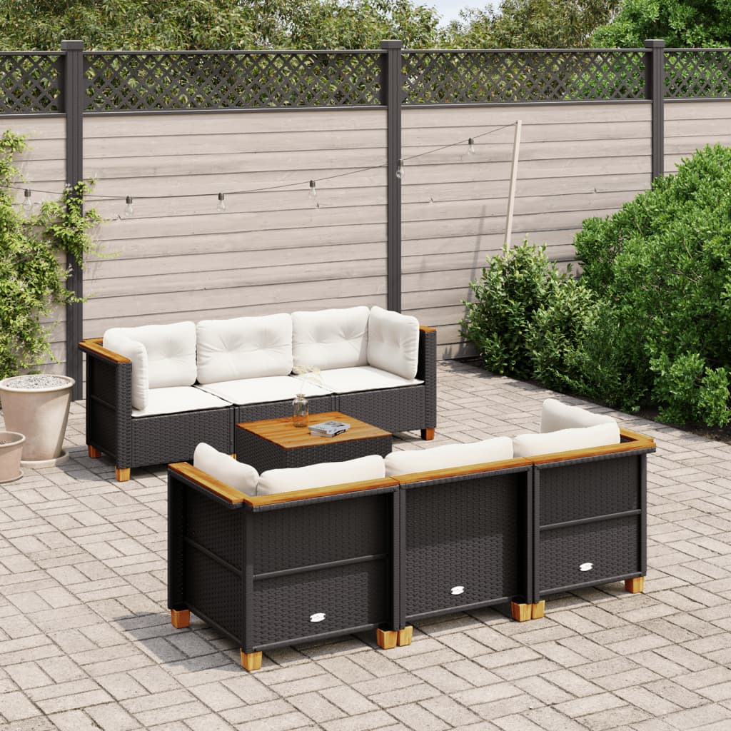 7 Piece Garden Sofa Set with Cushions Black Poly Rattan