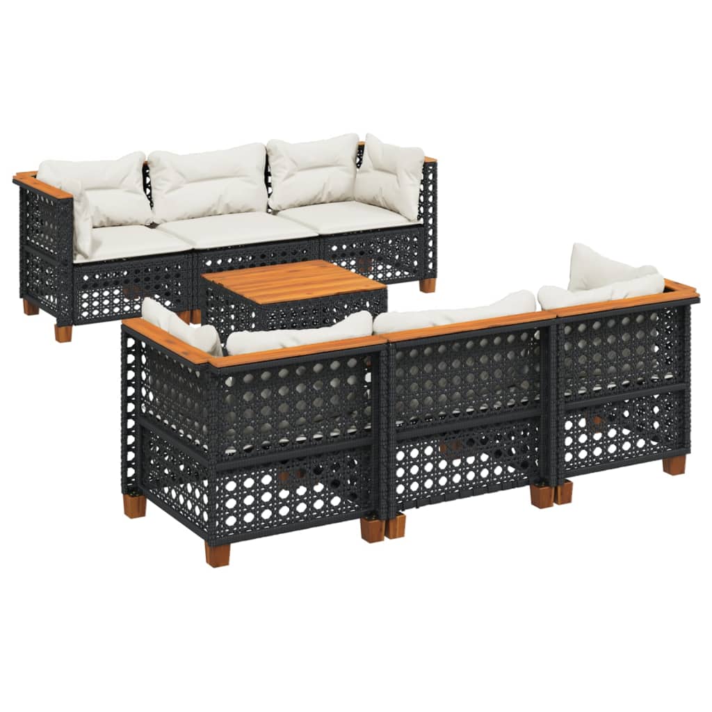 7 Piece Garden Sofa Set with Cushions Black Poly Rattan