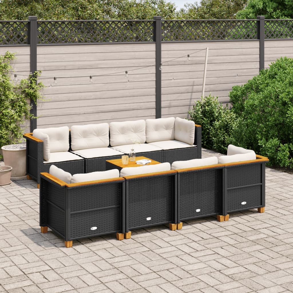 9 Piece Garden Sofa Set with Cushions Black Poly Rattan
