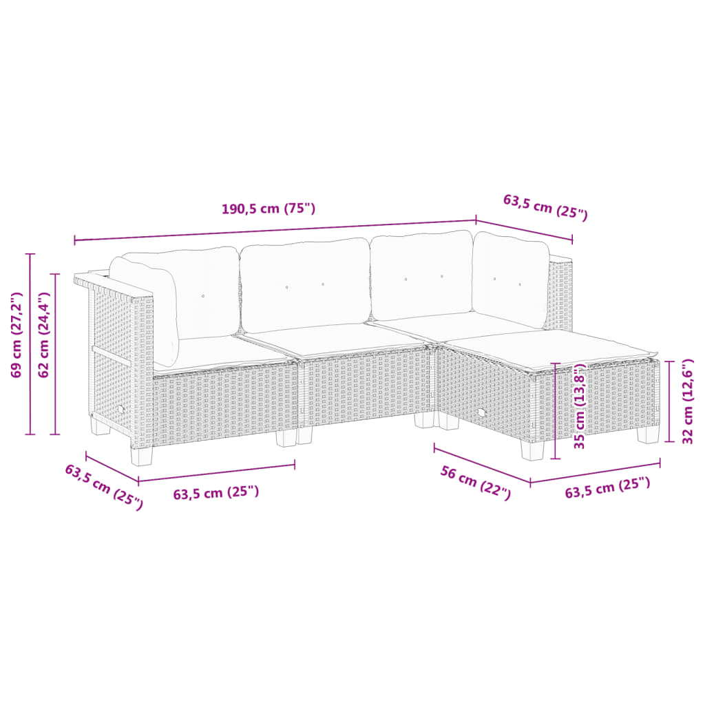 4 Piece Garden Sofa Set with Cushions Grey Poly Rattan