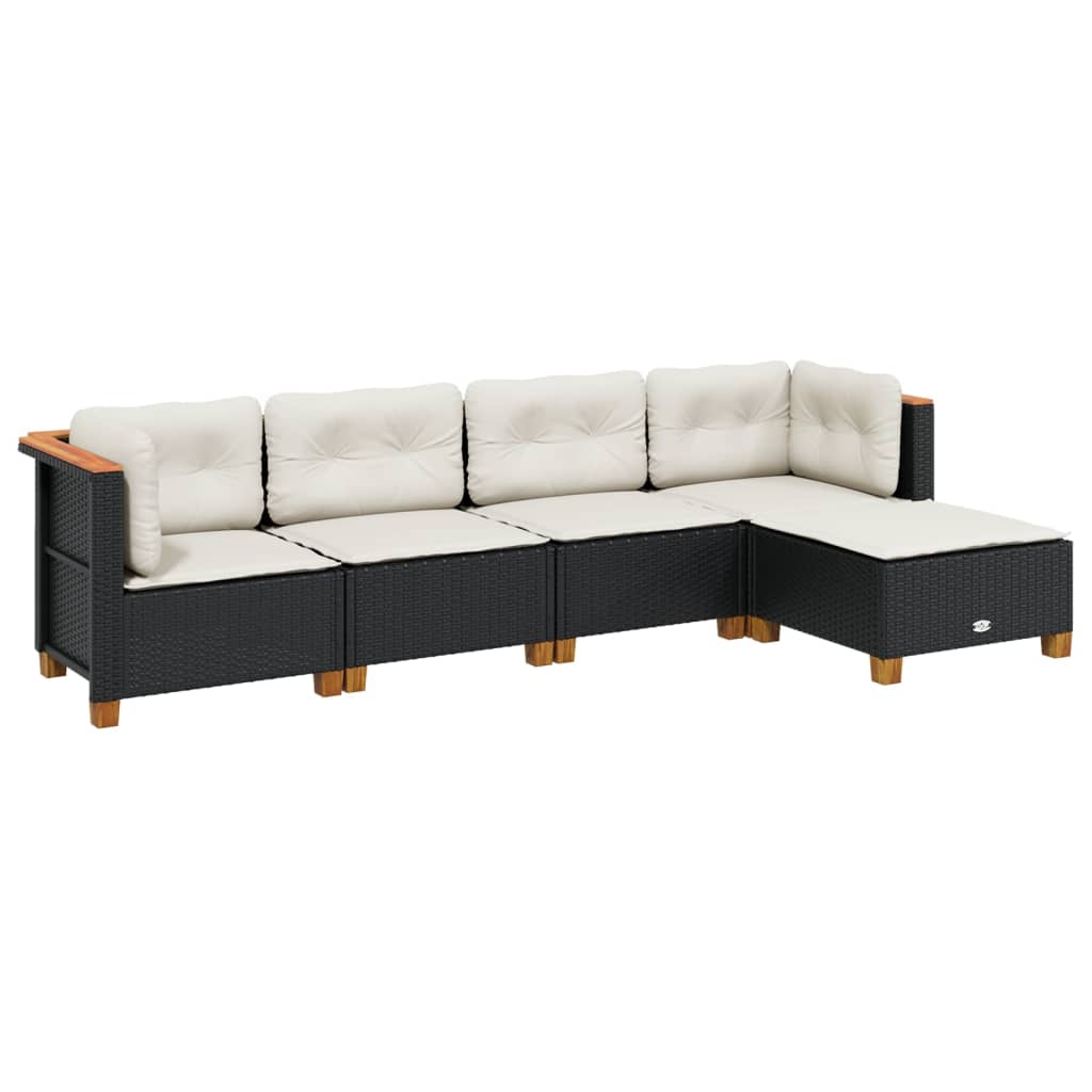 5 Piece Garden Sofa Set with Cushions Black Poly Rattan
