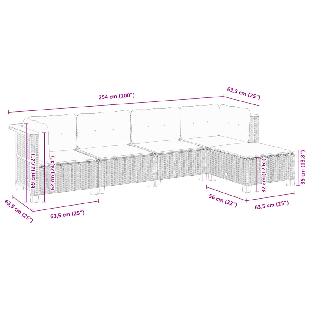 5 Piece Garden Sofa Set with Cushions Grey Poly Rattan