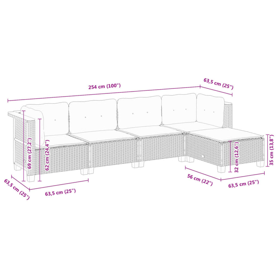 5 Piece Garden Sofa Set with Cushions Grey Poly Rattan