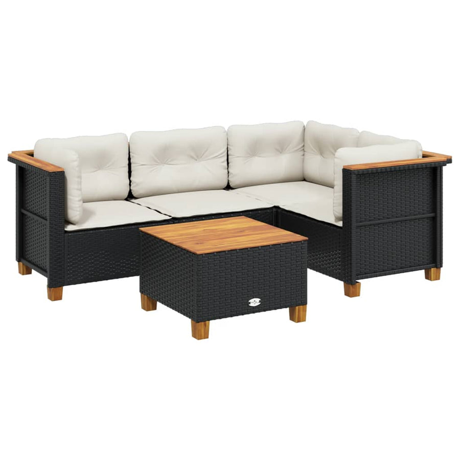 5 Piece Garden Sofa Set with Cushions Black Poly Rattan