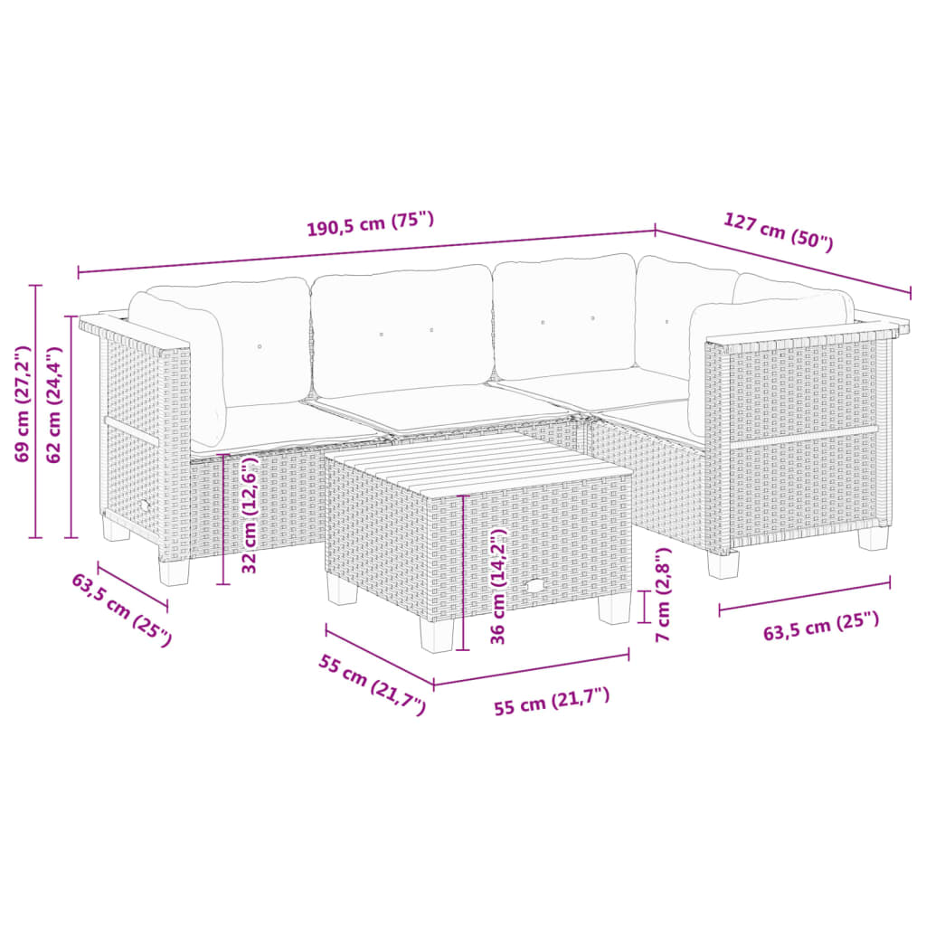 5 Piece Garden Sofa Set with Cushions Black Poly Rattan