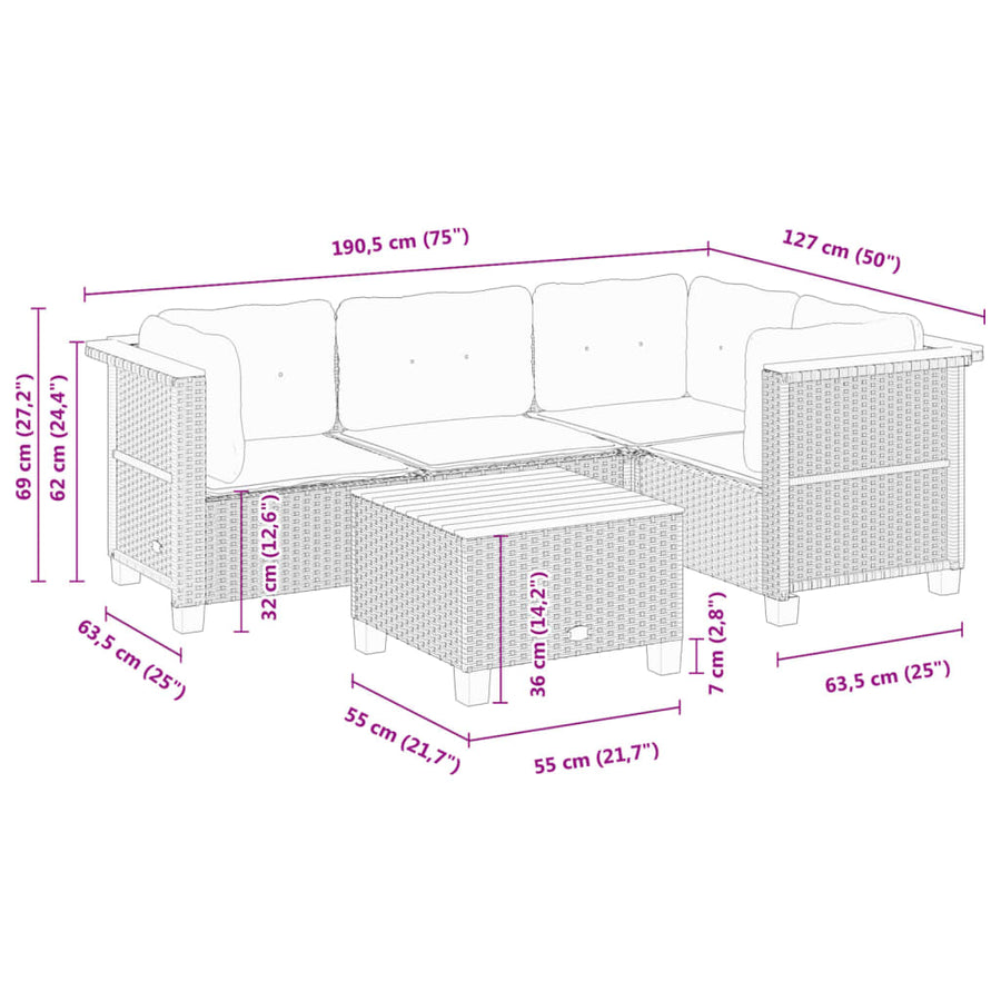 5 Piece Garden Sofa Set with Cushions Black Poly Rattan