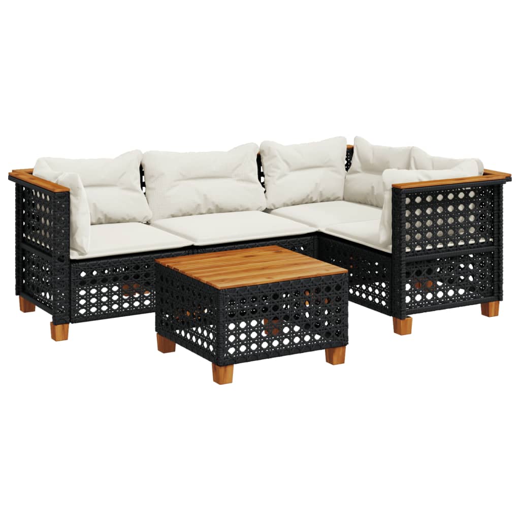 5 Piece Garden Sofa Set with Cushions Black Poly Rattan