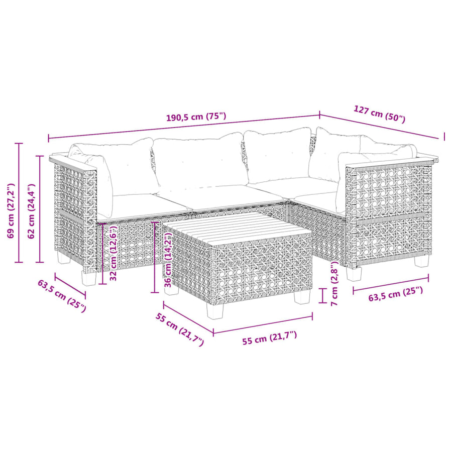 5 Piece Garden Sofa Set with Cushions Grey Poly Rattan