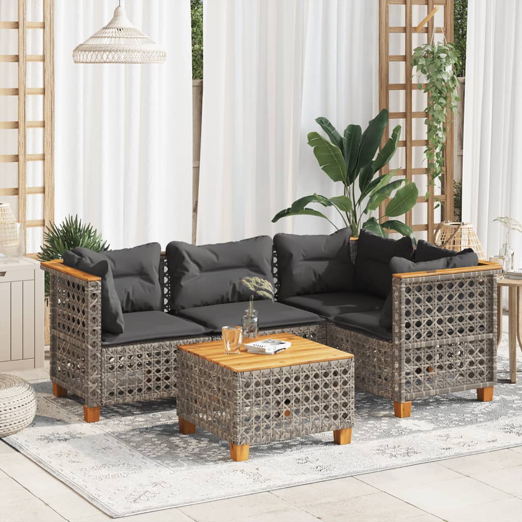5 Piece Garden Sofa Set with Cushions Grey Poly Rattan