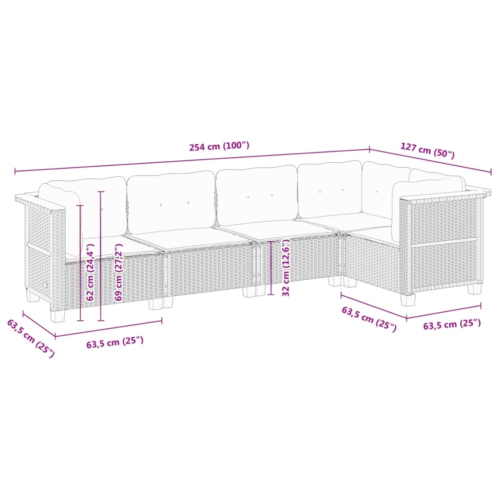 5 Piece Garden Sofa Set with Cushions Black Poly Rattan