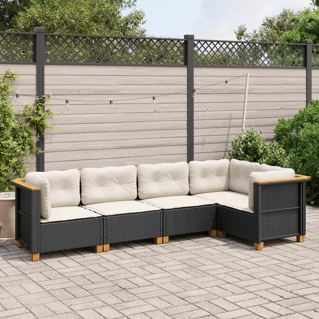 5 Piece Garden Sofa Set with Cushions Black Poly Rattan