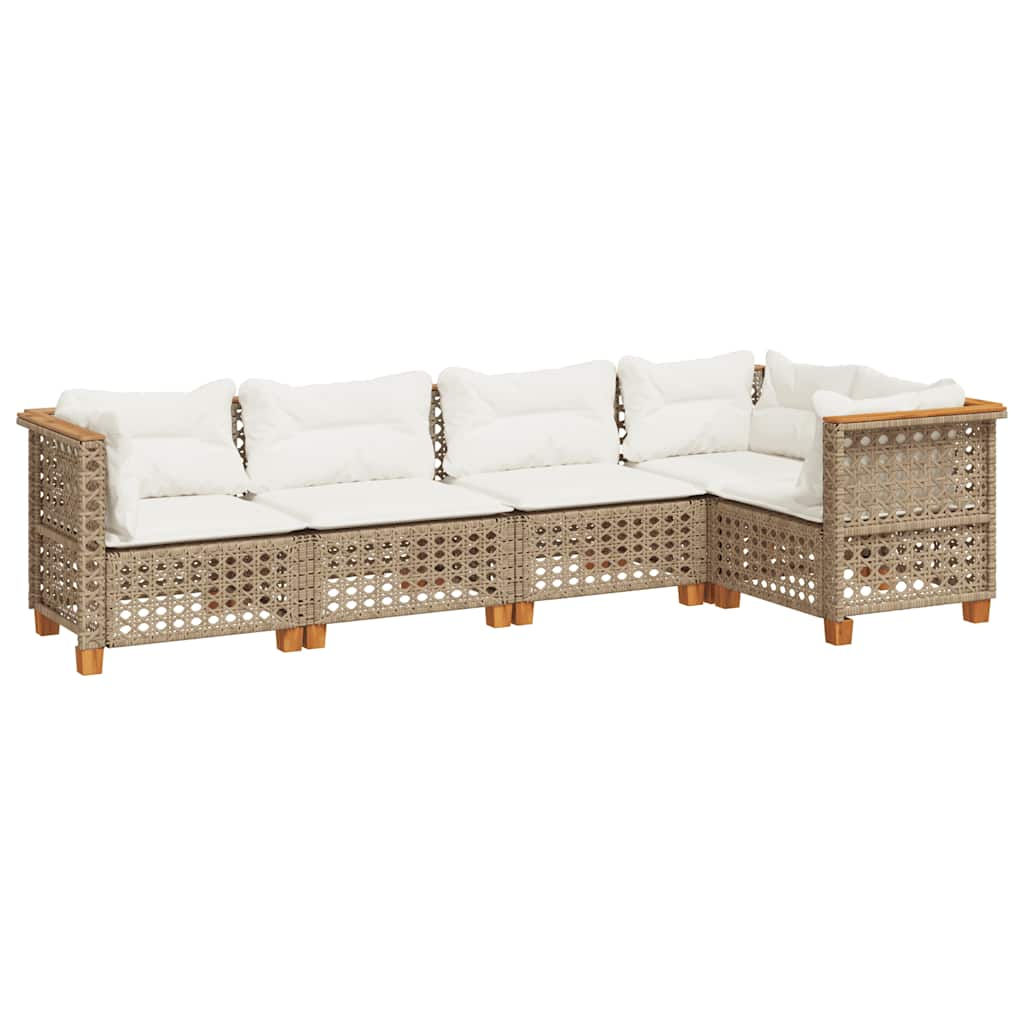 5 Piece Garden Sofa Set with Cushions Beige Poly Rattan