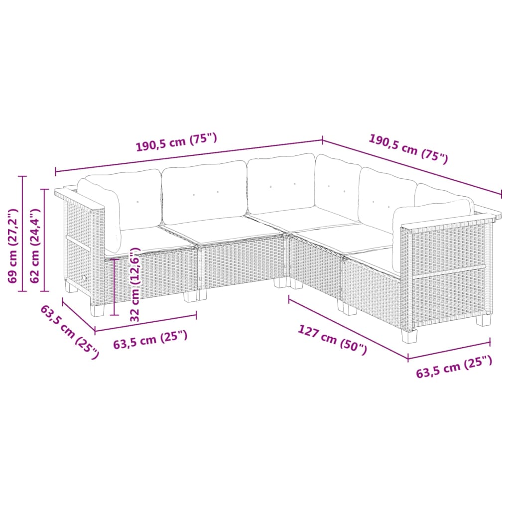 5 Piece Garden Sofa Set with Cushions Grey Poly Rattan