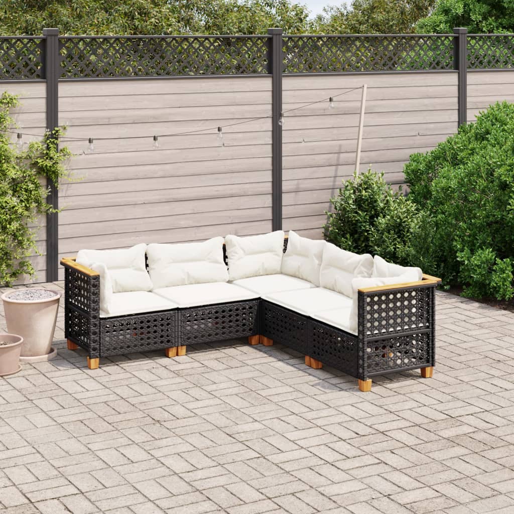 5 Piece Garden Sofa Set with Cushions Black Poly Rattan