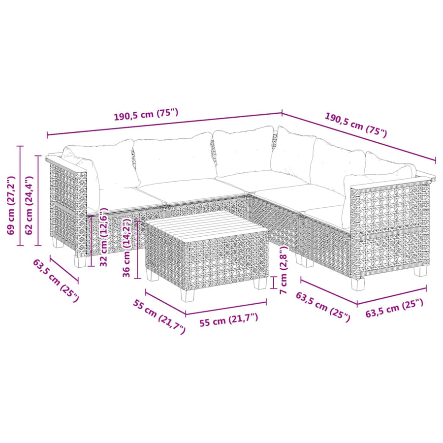 6 Piece Garden Sofa Set with Cushions Grey Poly Rattan
