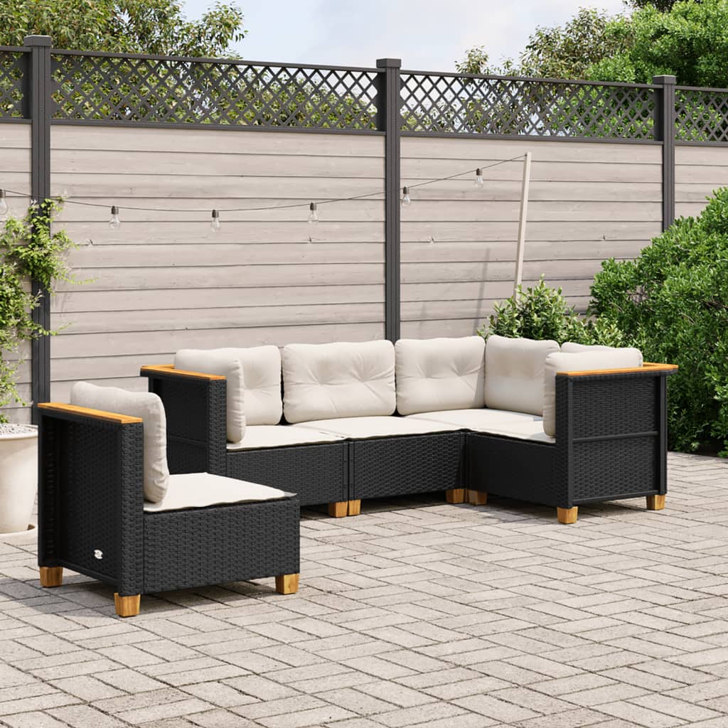 5 Piece Garden Sofa Set with Cushions Black Poly Rattan