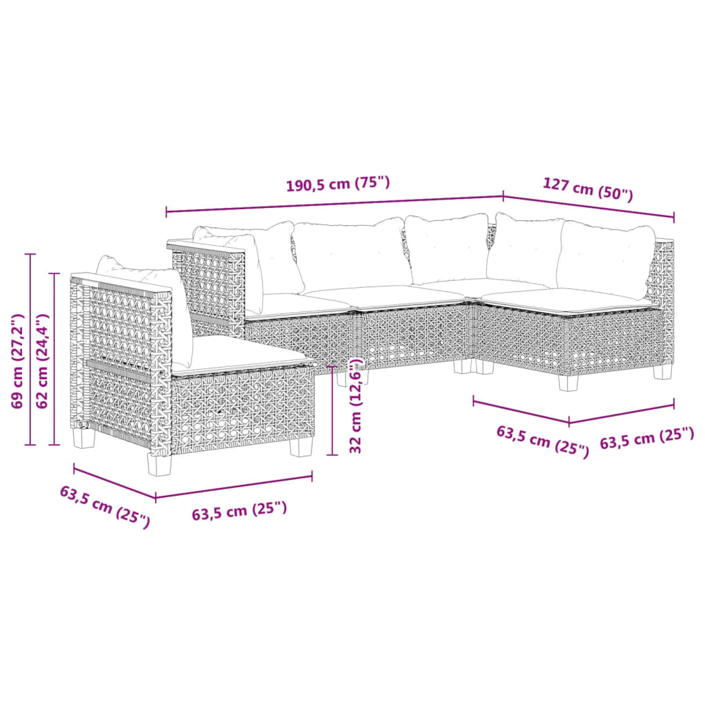 5 Piece Garden Sofa Set with Cushions Black Poly Rattan