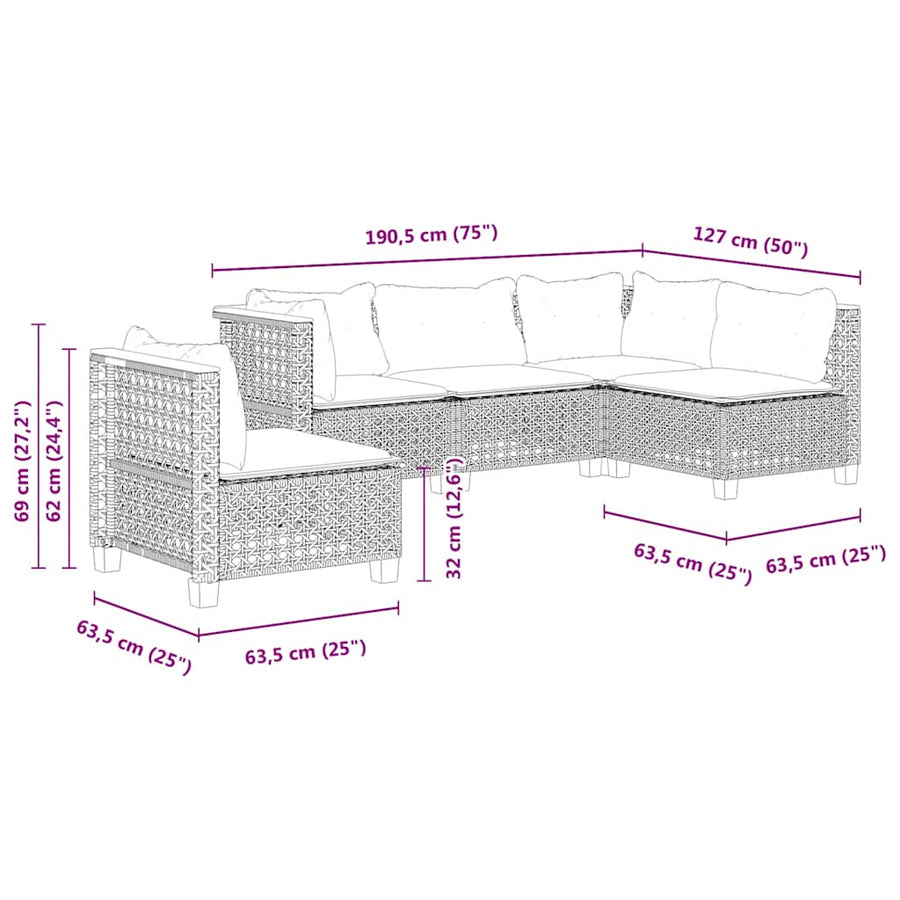 5 Piece Garden Sofa Set with Cushions Beige Poly Rattan