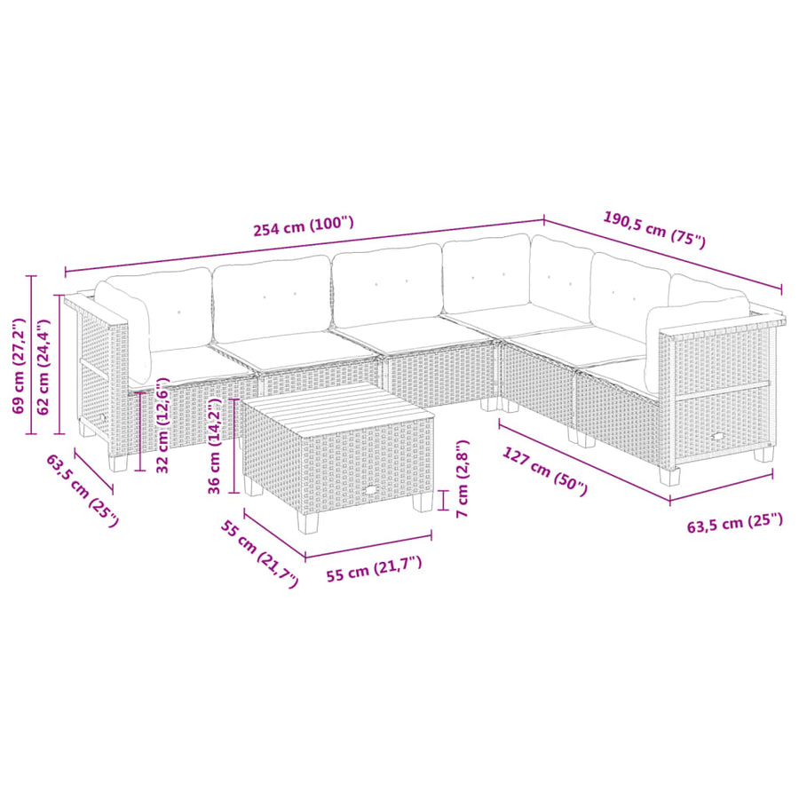7 Piece Garden Sofa Set with Cushions Black Poly Rattan