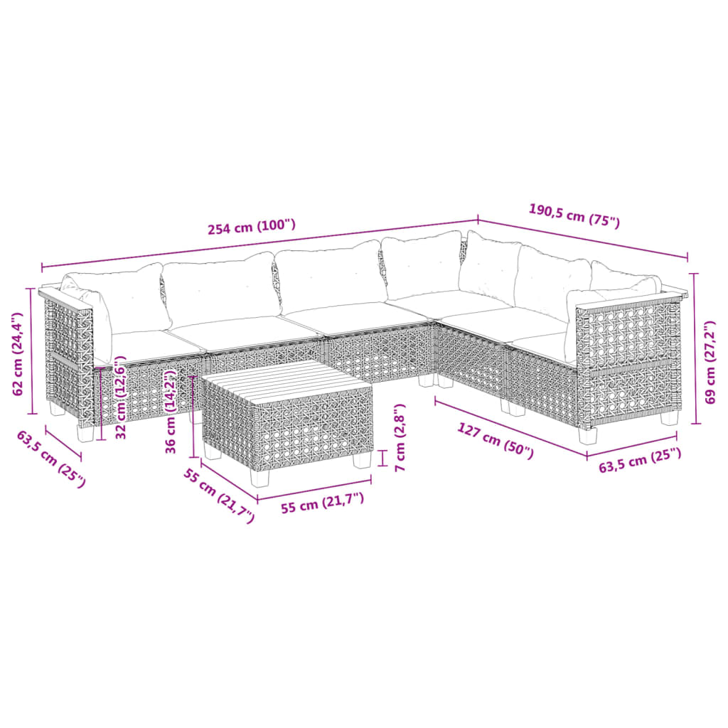 7 Piece Garden Sofa Set with Cushions Black Poly Rattan