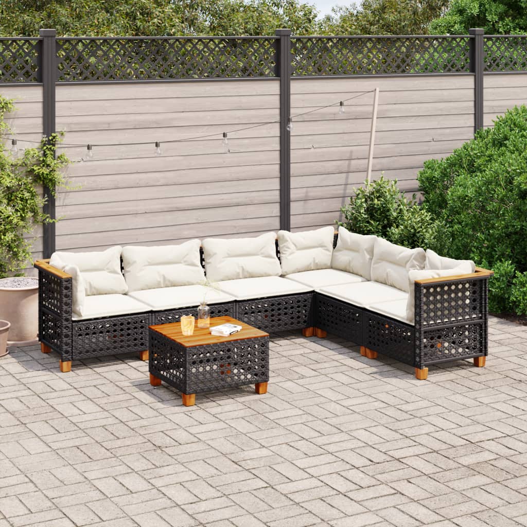 7 Piece Garden Sofa Set with Cushions Black Poly Rattan