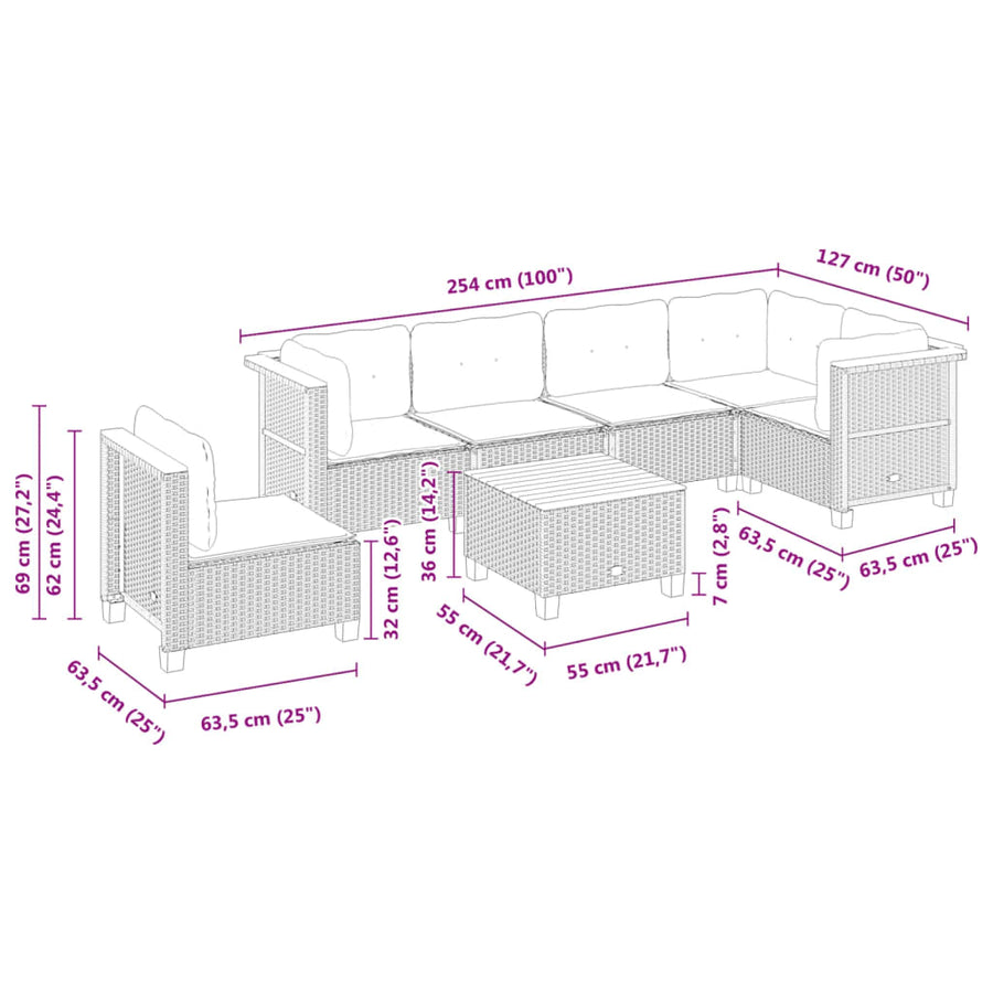 7 Piece Garden Sofa Set with Cushions Grey Poly Rattan