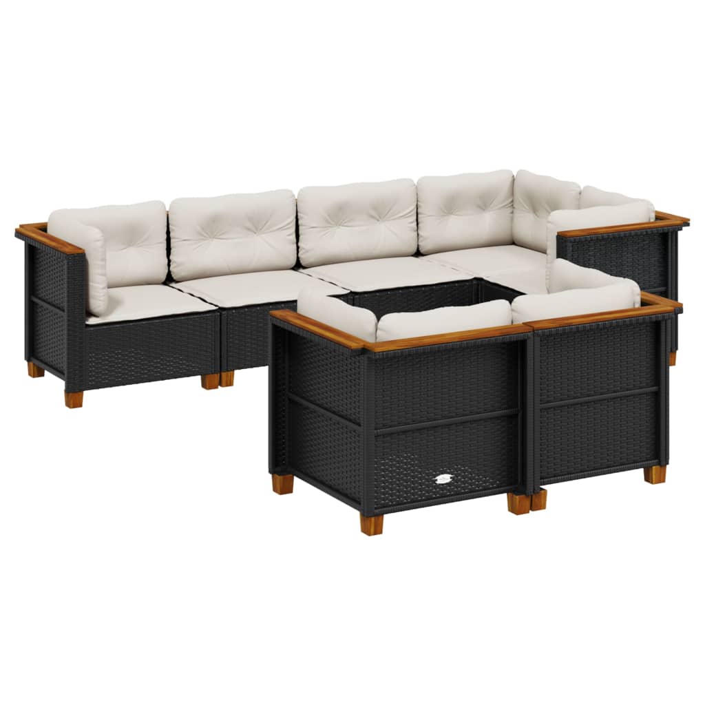 7 Piece Garden Sofa Set with Cushions Black Poly Rattan