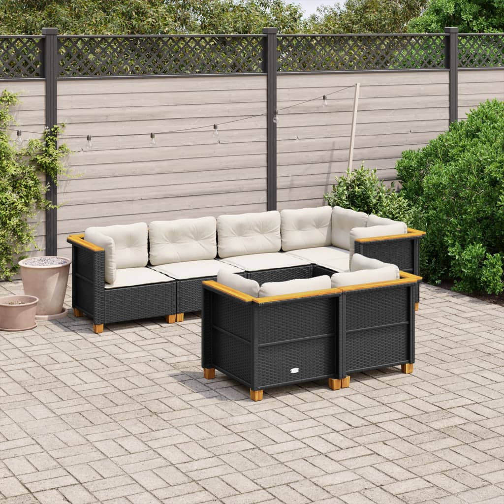 7 Piece Garden Sofa Set with Cushions Black Poly Rattan