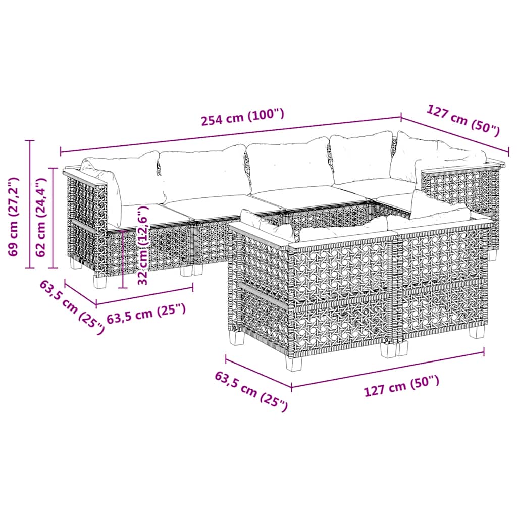 7 Piece Garden Sofa Set with Cushions Grey Poly Rattan