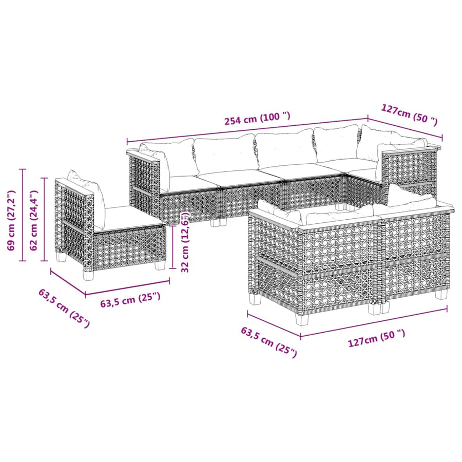8 Piece Garden Sofa Set with Cushions Grey Poly Rattan
