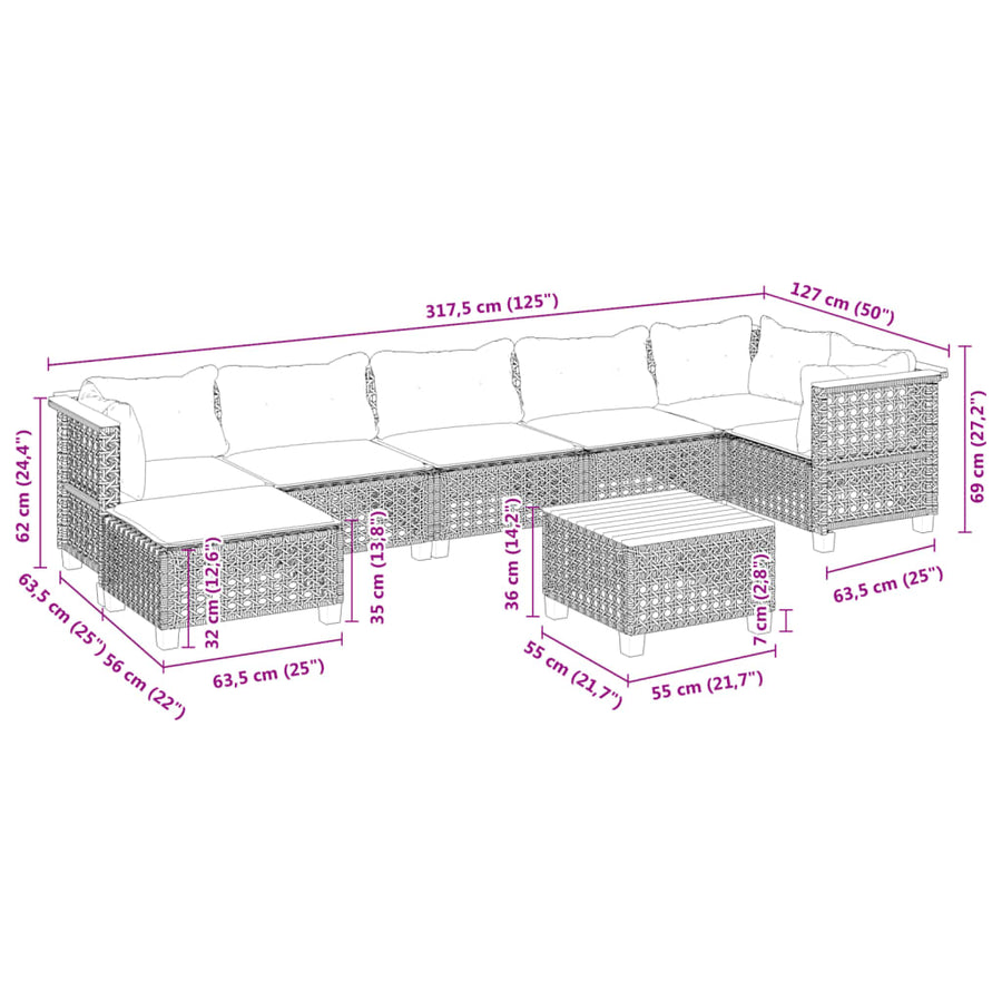 8 Piece Garden Sofa Set with Cushions Grey Poly Rattan