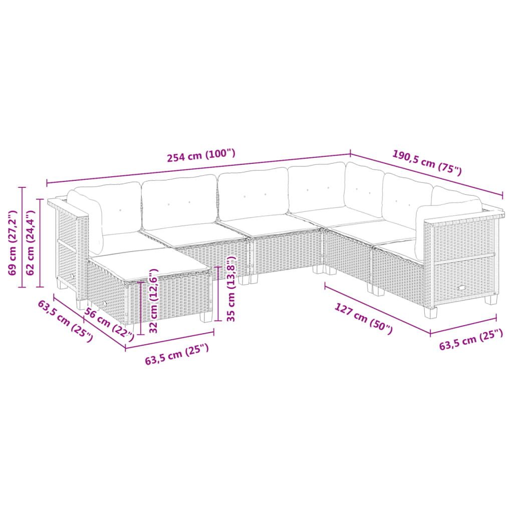 7 Piece Garden Sofa Set with Cushions Black Poly Rattan