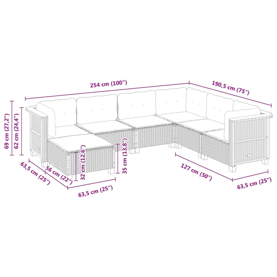 7 Piece Garden Sofa Set with Cushions Grey Poly Rattan