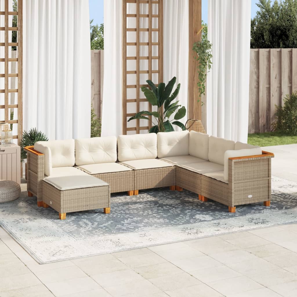 7 Piece Garden Sofa Set with Cushions Beige Poly Rattan