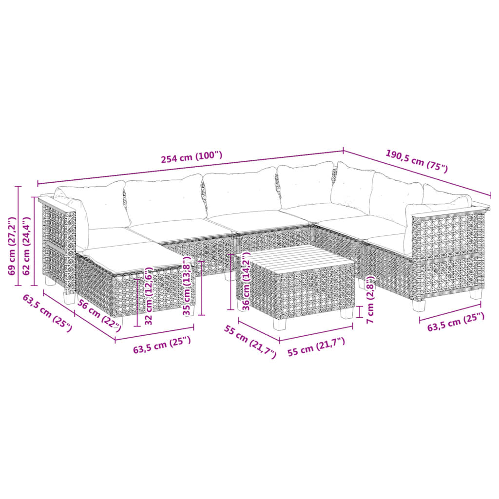 8 Piece Garden Sofa Set with Cushions Grey Poly Rattan