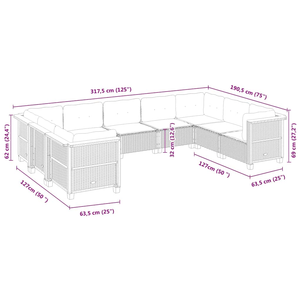 9 Piece Garden Sofa Set with Cushions Black Poly Rattan
