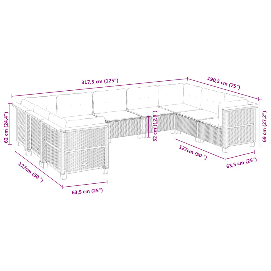 9 Piece Garden Sofa Set with Cushions Beige Poly Rattan