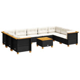 10 Piece Garden Sofa Set with Cushions Black Poly Rattan - Front View