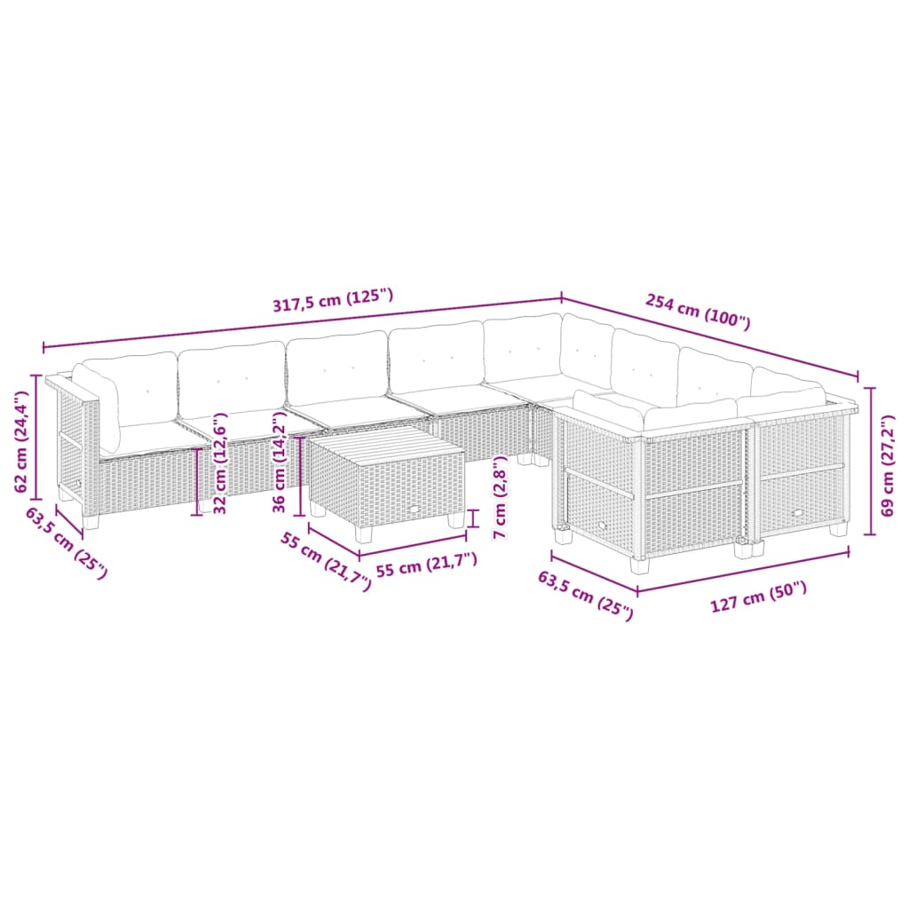 10 Piece Garden Sofa Set with Cushions Grey Poly Rattan