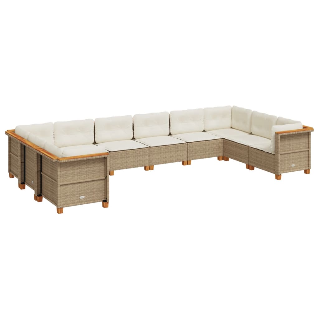 10 Piece Garden Sofa Set with Cushions Beige Poly Rattan