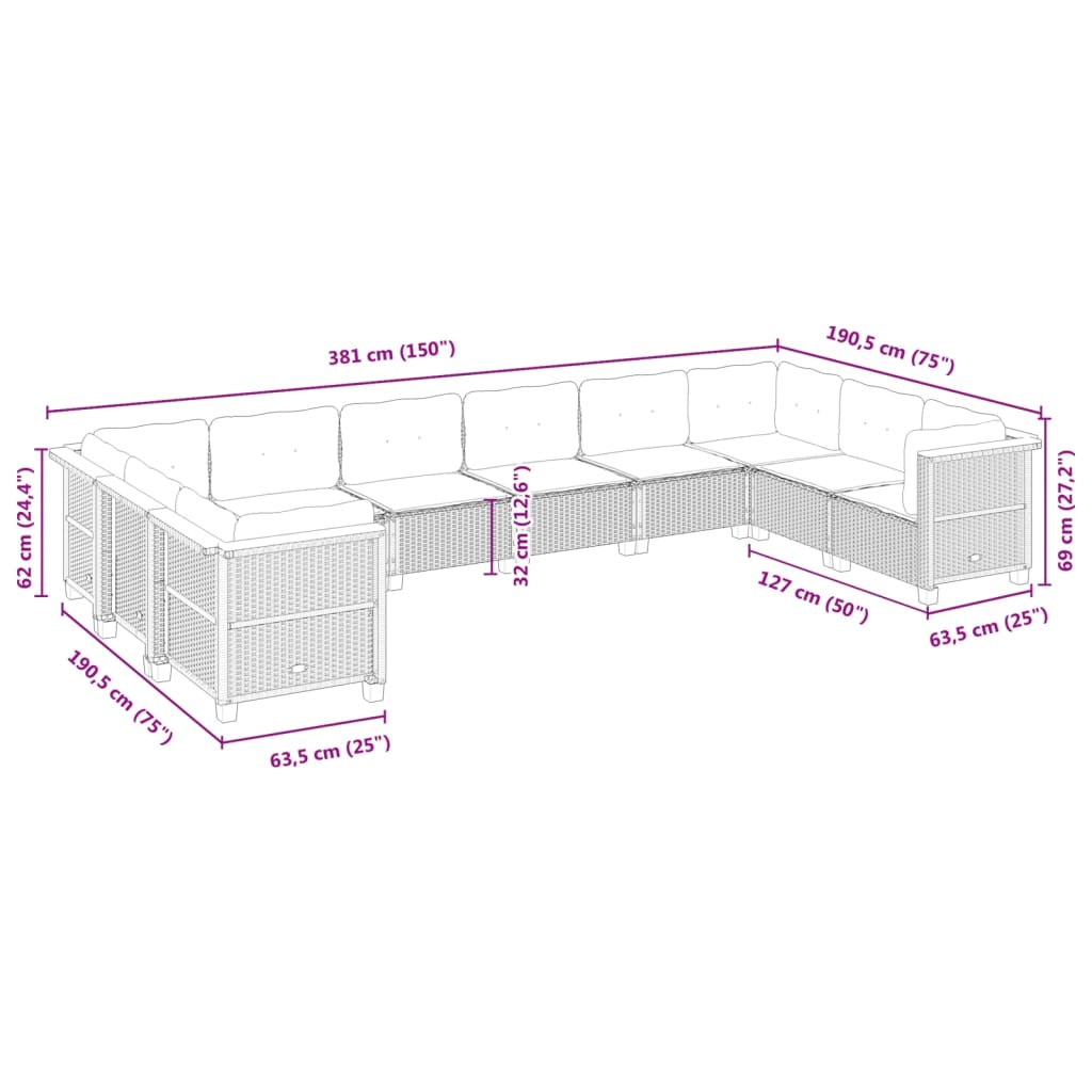 10 Piece Garden Sofa Set with Cushions Beige Poly Rattan