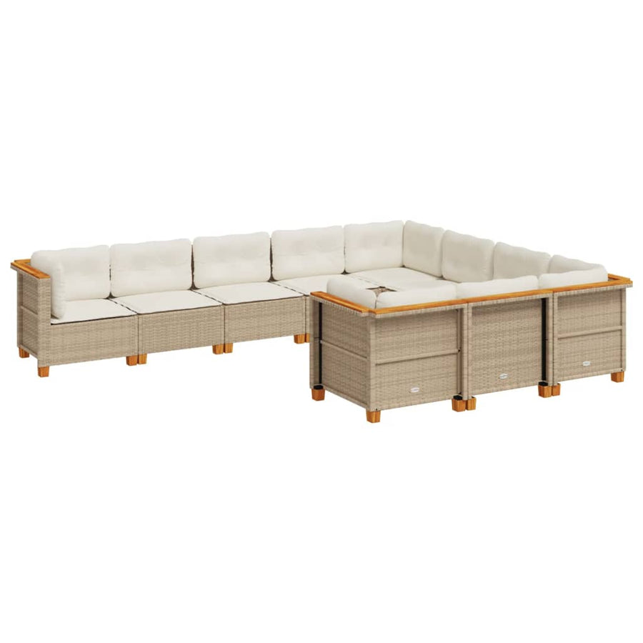10 Piece Garden Sofa Set with Cushions Beige Poly Rattan