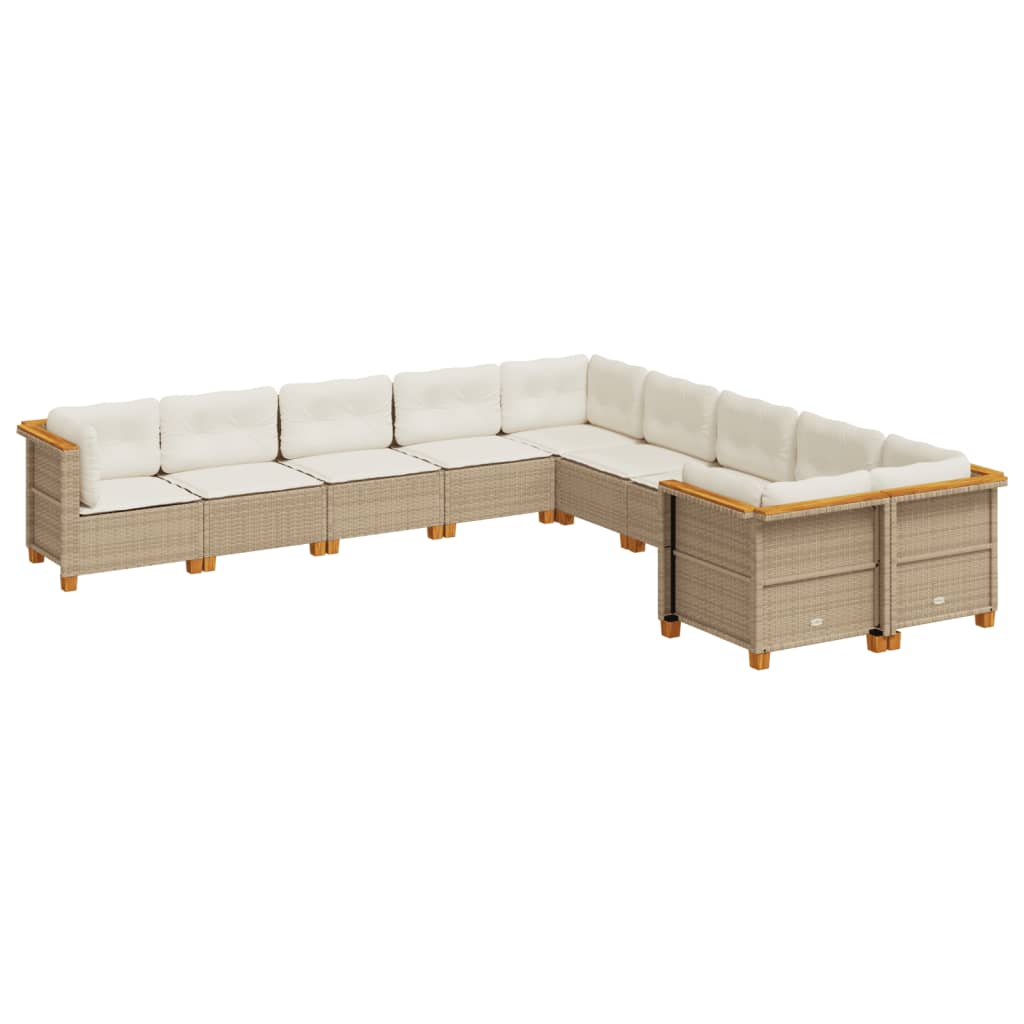 10 Piece Garden Sofa Set with Cushions Beige Poly Rattan