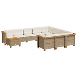 11 Piece Garden Sofa Set with Cushions Beige Poly Rattan - Front View