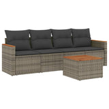 5 Piece Garden Sofa Set with Cushions Grey Poly Rattan - Front View