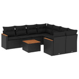 9 Piece Garden Sofa Set with Cushions Black Poly Rattan - Front View