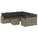 9 Piece Garden Sofa Set with Cushions Grey Poly Rattan - Front View